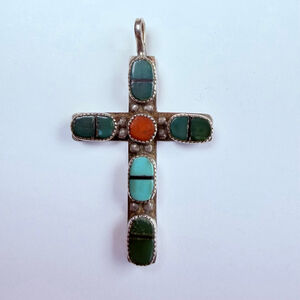 Native American Old Pawn Zuni Turquoise Coral Cross 925 Sterling Silver Pendant